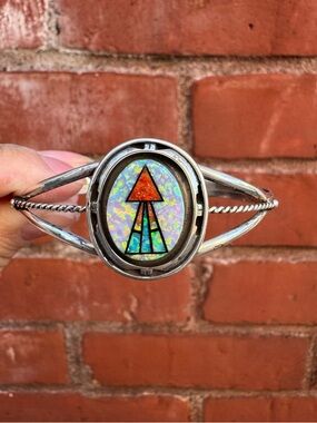 Native American, Sterling Silver Opal Mosaic Inlay Cuff Bracelet
